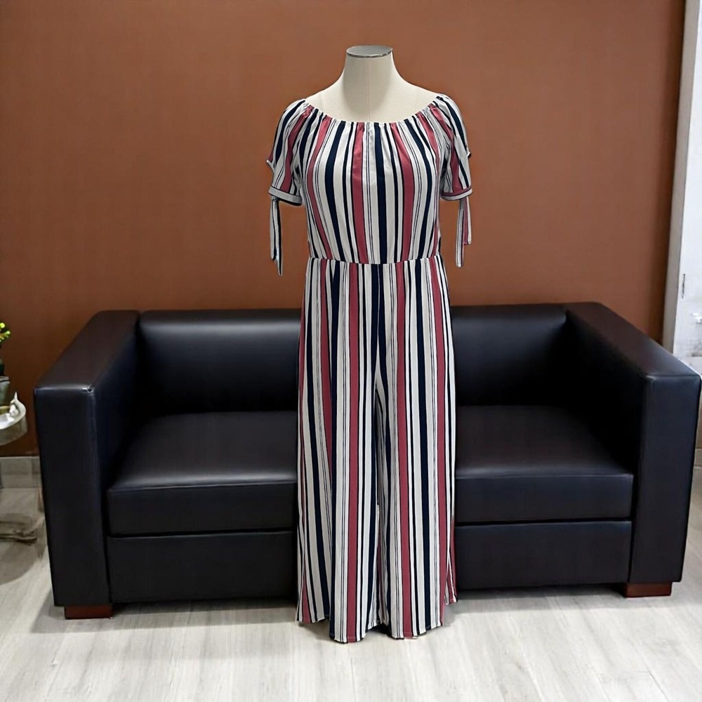 Vibe Sportswear 2X Striped Wide Leg Jumpsuit‎ Off Shoulder Boho Stretchy Romper